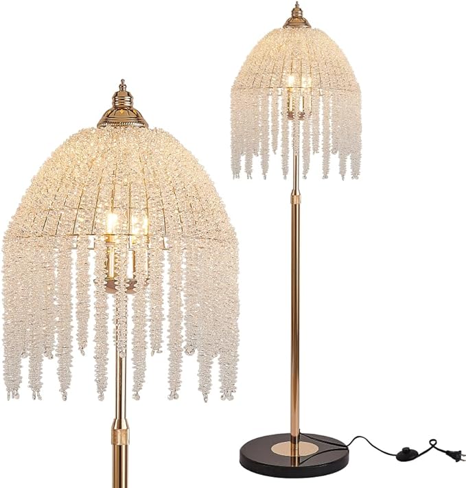 Vintage Style Floor Standing Lamp, Waterfall Design with Grape-Shaped Tall Gold Pole Light, Modern Dimmable Crystals Standing Lamps (Gold + Iron-6)