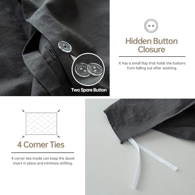 Simple&Opulence French Linen Duvet Cover Set 104"x 92"- 3 Pieces (1 Comforter Cover,2 Pillowcases)-Natural Flax Cotton Blend-Solid Color Breathable Farmhouse Bedding-Charcoal Grey, King