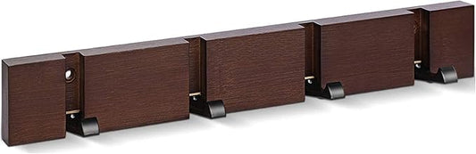 Modern Wooden Coat Rack - Wall Mounted - 4 Folding Hooks - Brown Coat Hanger for Purses, Keys