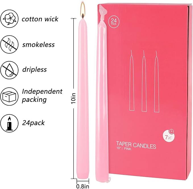 24 Pack Pink Taper Candles, 7-8 Hours Burn Time, Unscented, Smokeless and Dripless, 0.75 x 10 Inch Dinner Candle Set for Valentine's Day,Household, Wedding, Party and Home Décor Candlesticks