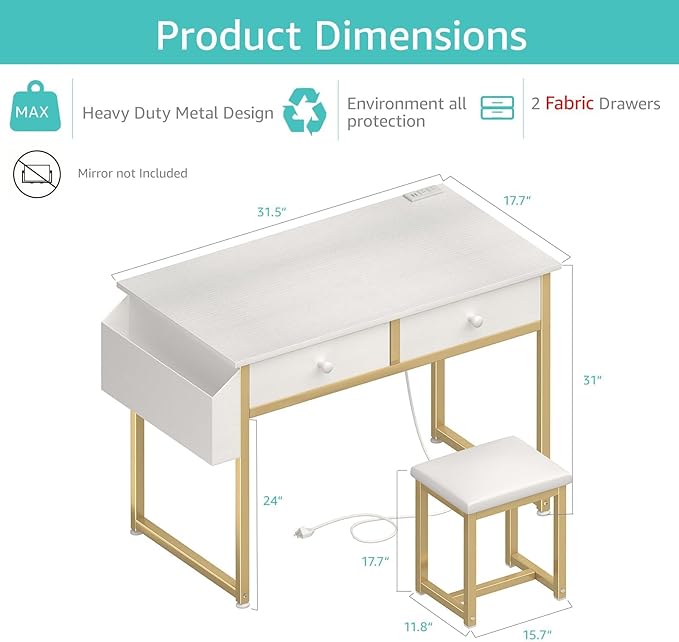 Makeup Vanity Desk No Mirror with Chair for Girls, White Small Vanity Table Set with Fabric Drawers, Power Outlet Without Mirror, Modern Make Up Desk for Bedroom