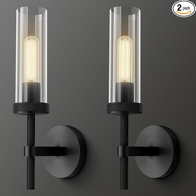 14" Bathroom Vanity Wall Sconces,Matt Black Wall Sconces Set of Two,Glass Tube Sconces Wall Lighting Indoors,Wall Lights for Mirror, Living Room, Bedroom, Hallway