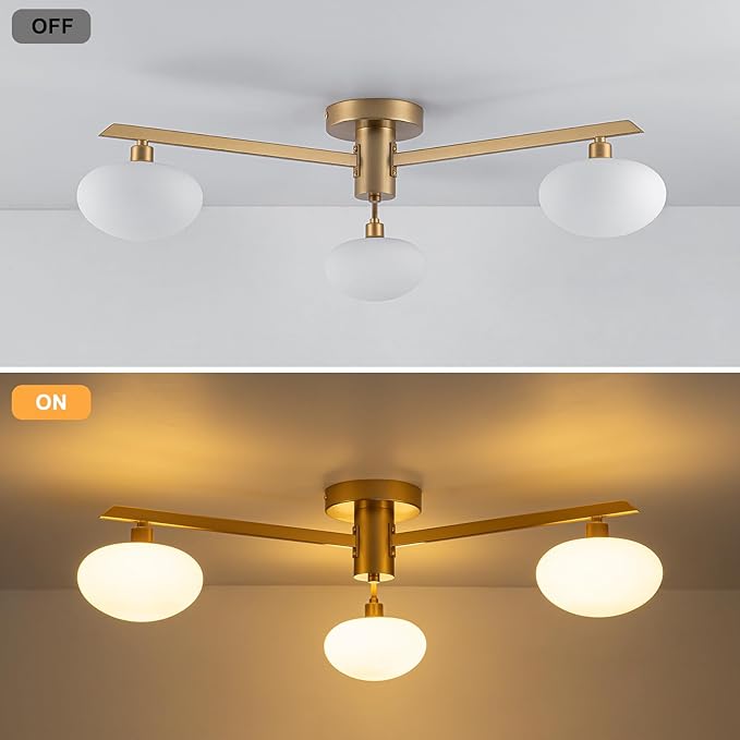 Semi Flush Mount Ceiling Light Fixture, Mid Century Modern 3-Light 22.5" Lighting Fixtures Ceiling, Matte Gold Ceiling Lights for Bedroom, Entryway, Hallway, Bathroom, Kitchen, Dining Room