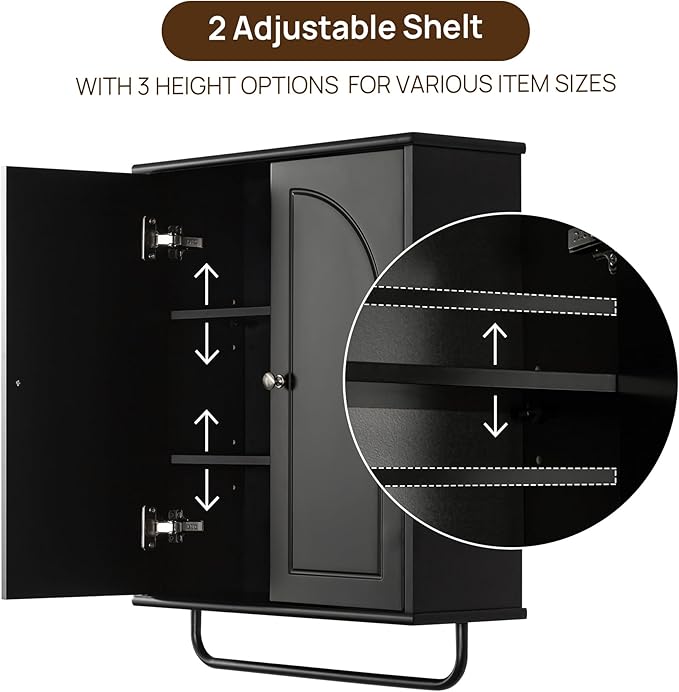 Bathroom Storage Cabinet with Adjustable Wood Shelves, Unique Arched Groove Design On The Door, Wall Mounted with Towels Bar, Over The Toilet Storage Cabinet with DTC Silent Buffering Hinge