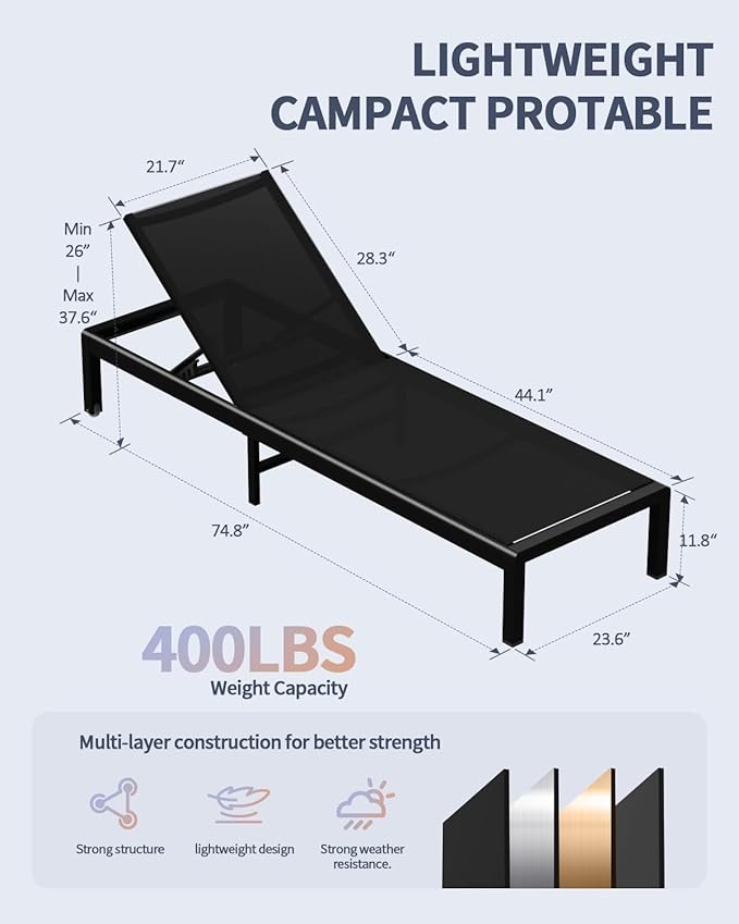 Aluminum Lounge Chairs Outdoor Chaise Furniture,2 Sets Patio Metal Deck Lounger Adjustable 5-Position Poolside Chase Recliner with Wheels for Beach,Coffee Table, (Black, 2 Chairs)