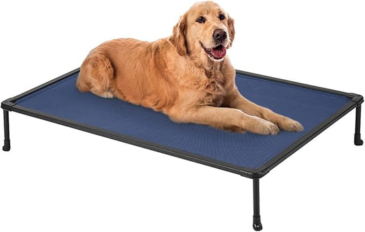 Veehoo Chewproof Elevated Dog Bed - Cooling Raised Pet Cot, Breathable Mesh, Washable & Non-Slip for Large Dogs, Indoor/Outdoor, Blue Mat and Black Frame, 42x30inches (Model CWC2203A03)