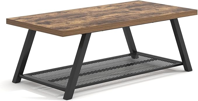 FOLUBAN 47 Inch Coffee Table, Industrial Wood and Metal Living Room Table with Storage Shelf, Rectangle Center Table, Rustic Brown