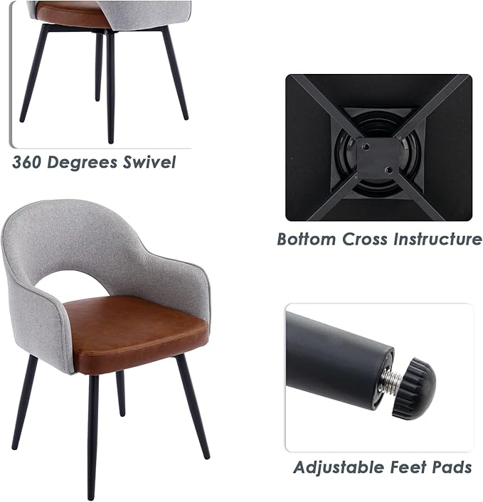 DUOMAY Modern Swivel Dining Chairs Set of 4, Linen & Faux Leather Upholstered Accent Side Chair, Home Office Desk Chair with No Wheels for Dining Room Living Room Office, Light Grey