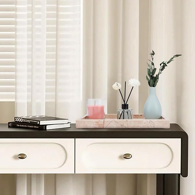 Marble Bathroom Tray,Pure Natural Vanity Tray,Marble Trays for Kitchen Counter Non-Ceramic/Non-Resin,Stone Tray 12 x 8 inch (Pink) ﻿