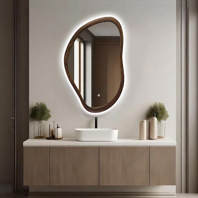 Wood Framed Led Mirror for Bathroom, 35"x24" Irregular Vanity Mirror with Lights, Anti-Fog Backlit Mirror with 3 Colors Dimmable, Memory Function, CRI95+, Horizontal/Vertical, Walnut