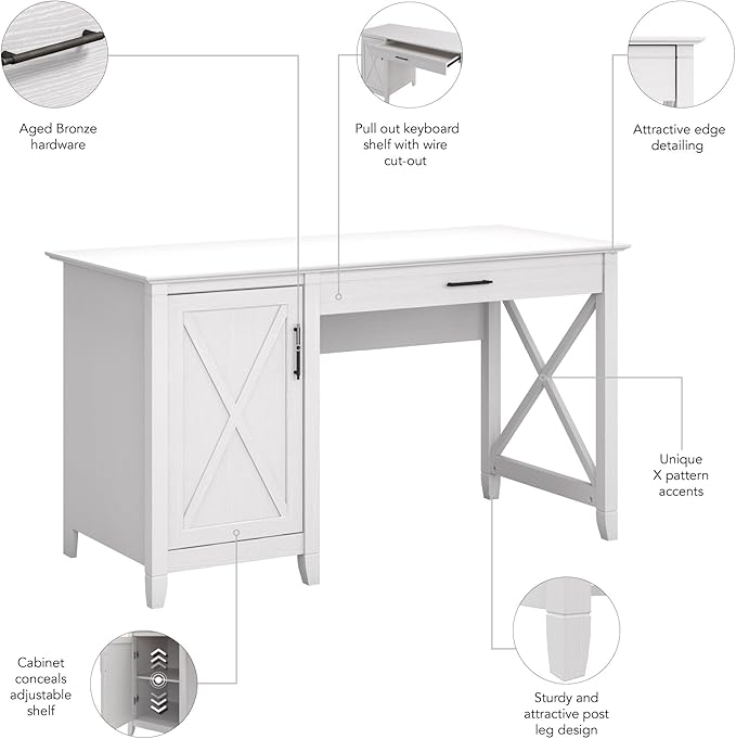 Bush Furniture Key West Computer Desk with Storage | Small Desk for Home Office in Pure White Oak | 54W x 24D Modern Farmhouse Desk