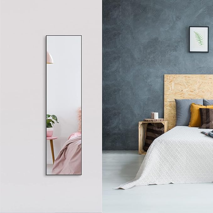 ANYHI Over The Door Mirror, 47" x 12" Black Full Length Mirror for Door, 2 Hooks, Aluminum Frame, Door Hanging or Wall Mounted for Bedroom Bathroom Checkroom