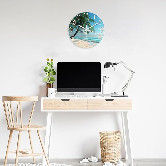 XFM Beach Wall Clock Silent Non-Ticking Battery Operated Clocks 16 Inch Blue Ocean Tropical Palm Tree Wall Clock Decorative for Living Room Kitchen Bedroom Office