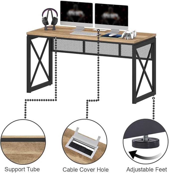 BON AUGURE Farmhouse Computer Desk, Modern Industrial Home Office Desks, Wood Metal Study Writing Table, Sturdy Gaming Desk (Vintage Oak, 54 Inch)