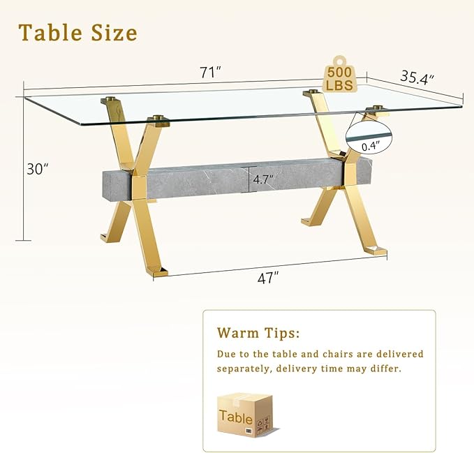 Glass Dining Table 71"｜Modern Dining Table for 6-8｜0.4" Thick Tempered Glass Top｜Chrome Gold Metal Legs｜Grey Crossbar｜Easy Assembly｜Perfect for Dining Room or Kitchen