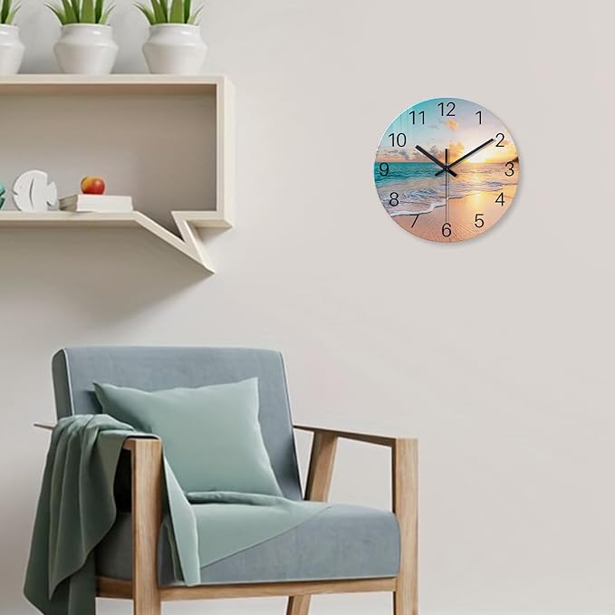 Beach Coastal Wall Clocks Battery Operated Analog Round Wall Clock for Living Room Decor 14 Inch Blue Glass Silent Wall Clock