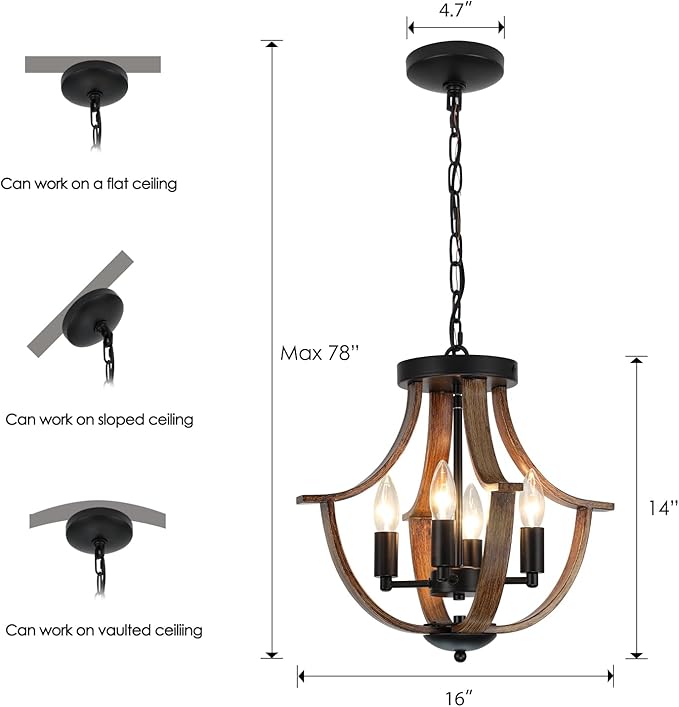 Farmhouse Hanging Pendant Lighting, 4-Light Rustic Flush Mount Ceiling Light Fixture,Modern Faux Wood Vintage Chandelier for Dining Room Kitchen Island Foyer Hallway Entryway Bedroom