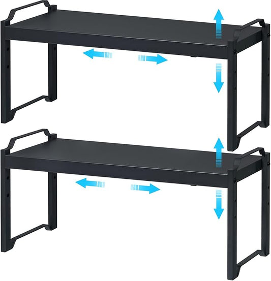 25.5 Inches 2 Pack Expandable Cabinet Shelves, Stackable Shelf Organizer for Kitchen Cabinet Countertop Storage, Adjustable Counter Cupboard Pantry Organizer Shelf Rack Stand Riser, Black
