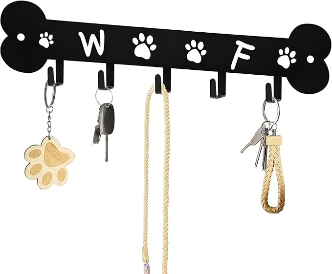Dog Leash Holder for Wall Key Hooks Decorative, 5 Hooks 11×2.75 inch for Wall Decorative Animal Storage Rack Adhesive, Black Key Holder wall Mount for Entrance Living Room Kitchen-Dog Lovers Gifts