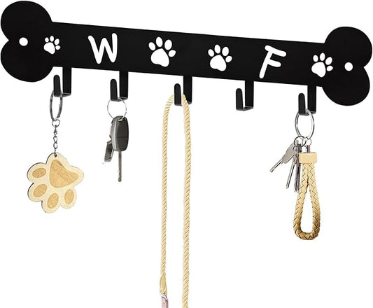Dog Leash Holder for Wall Key Hooks Decorative, 5 Hooks 11×2.75 inch for Wall Decorative Animal Storage Rack Adhesive, Black Key Holder wall Mount for Entrance Living Room Kitchen-Dog Lovers Gifts