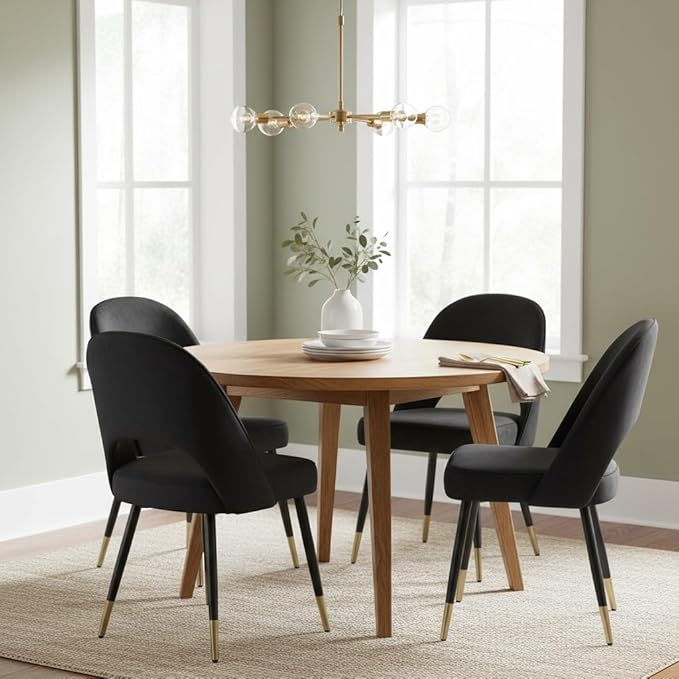 LukeAlon Mid Century Modern Dining Chairs Set of 2, Velvet Upholstered Open Back Kitchen Chairs with Gold Metal Legs, Armless Side Chairs for Dining Room, Living Room, Luxurious Black