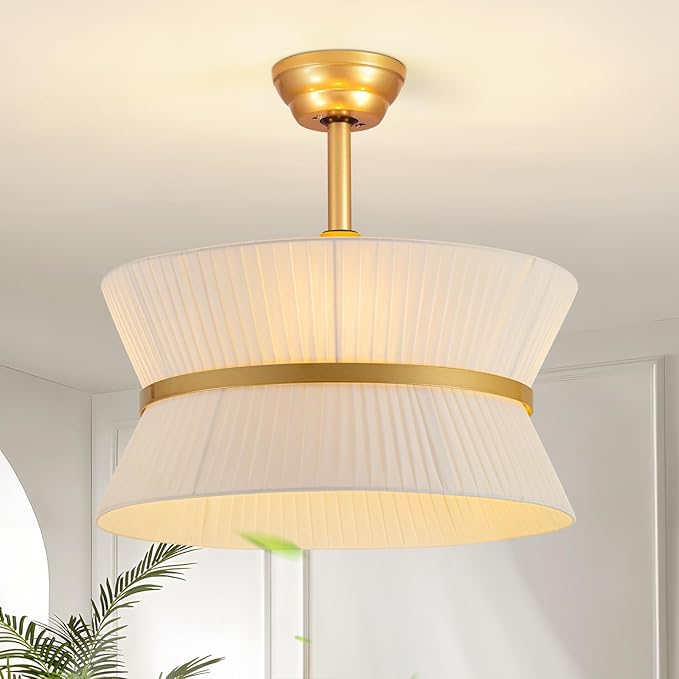 Boho Fandelier Ceiling Fan with Light and Remote Rattan Chandelier Fan Fabric Chandelier Fan Gold Caged Ceiling Fan with Light for Bedroom, Living Room Nursery Foyer Kitchen（ Timing Adjustable Height）