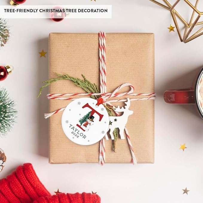 Andaz Press Personalized Christmas Ornament, Custom Name, Initial T Monogram Snowman 2.8" Ceramic Porcelain 2025 Christmas Ornament Keepsake for Kids, Boys, Girls Initial Ornament 1-Pack