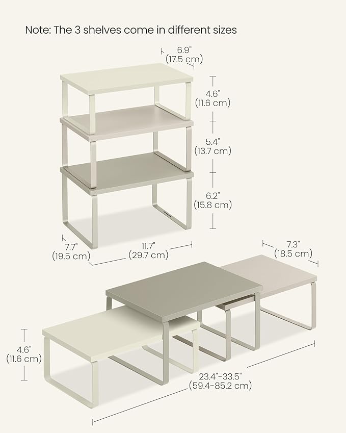 SONGMICS Cabinet Organizer Shelf, Set of 3 Kitchen Counter Shelves, Kitchen Storage, Spice Rack, Stackable, Expandable, Sand Beige UKCS220K01