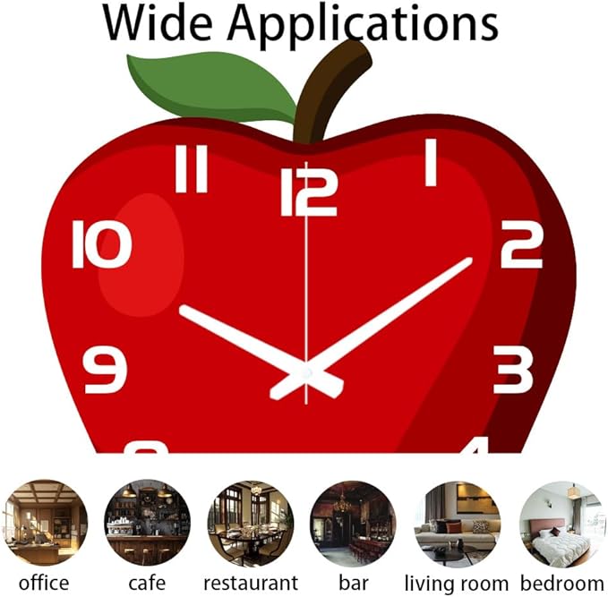 CHGCRAFT Apple Pattern Wall Clock 14.7 Inch Wood Grain Non-Ticking Irregular Shape Clocks Wall Hanging Clock Battery Operated for Bedroom Living Room Kitchen Office