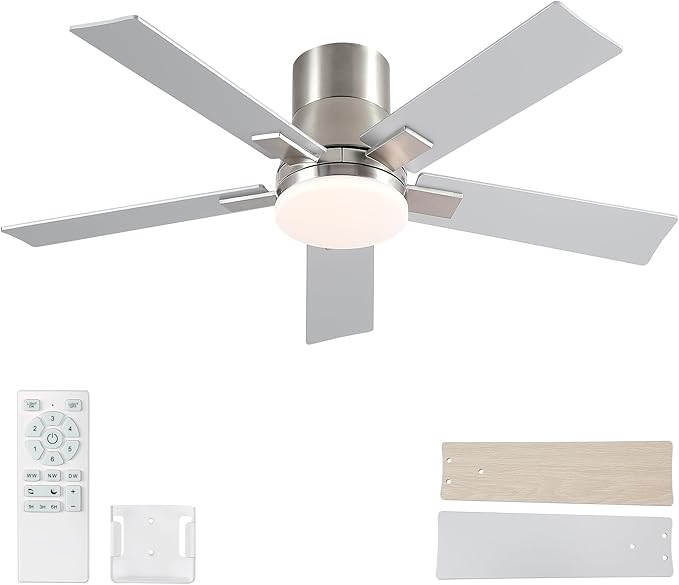 Rayqueen 42 Inch Ceiling Fans with Lights and Remote,Flush Mount Brushed Nickel Ceiling Fan,6 Speed Reversible DC Motor,3CCT Dimmable LED-Low Profile Design for Bedroom, Living room & Covered Outdoor