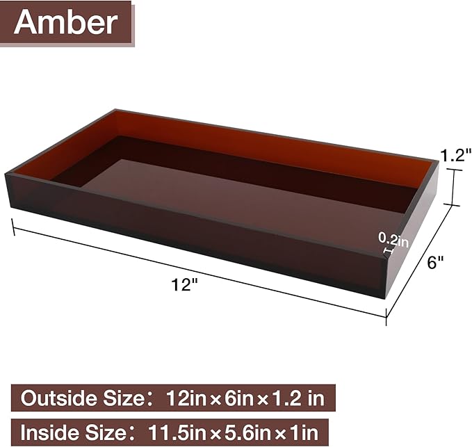 Acrylic Tray 5mm Thicken for Vanity Makeup, Perfume, Jewelry Holder, Napkin, Amber 12x6''Decorative Serving Tray for Bathroom, Toilet Tank, Sink Countertop, Living Room,Dresser, Coffee Table