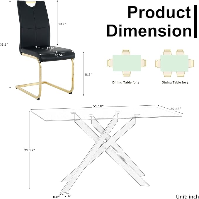 Goujxcy Gold Dining Table Set for 4, Glass Kitchen Table with Chair Set, Modern 51" Rectangle Glass Dining Table and 4 Black PU Leather Chairs with Metal Frame for Kitchen Dining Room