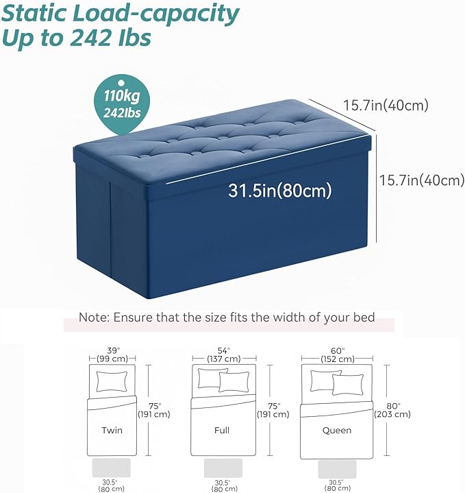 BRIAN & DANY Folding Storage Ottoman Bench, Ottoman with Storage, Foot Rest, Benches Seat for Bedroom, Living Room, Entryway, Long Shoes Bench, 15.7" x 31.5" x 15.7" Blue