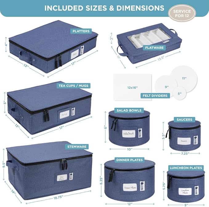 Hard Shell China Storage Containers 8-Piece Set Moving Boxes for Dinnerware, Glasses, Plates, Mugs and Saucers Sturdy Dish Organizer with Dividers for Seasonal Storage - Service for 12 - Denim Blue