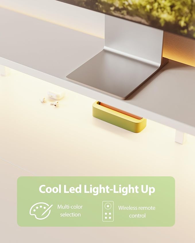 Electric Height Adjustable Standing Desk with Power Outlet and LED Light Strip, Sit to Stand, Ergonomic 48x24" Rising Desk with Memory Presets, Home Office Workstation, Computer Gaming Table, White