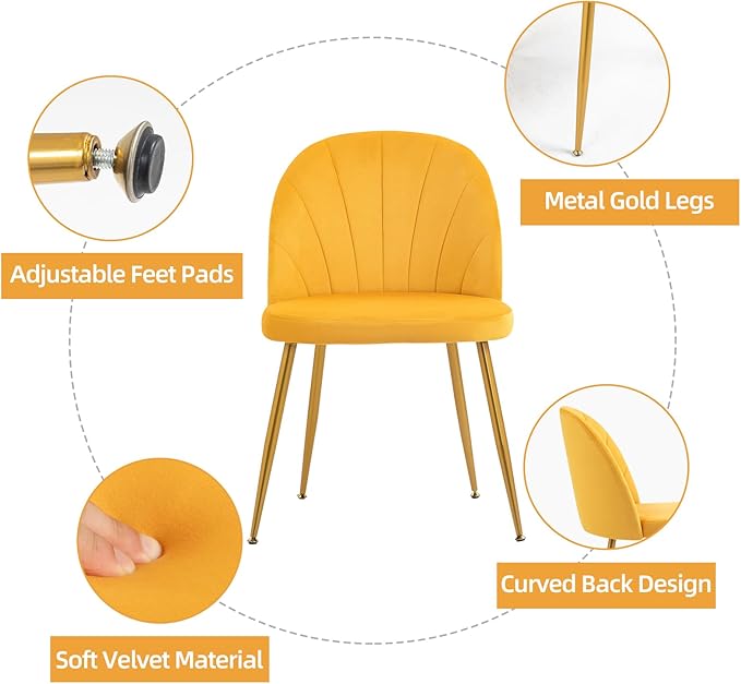 Velvet Dining Chairs Set of 2, Upholstered Mid Century Modern Dining Chairs, Armless Accent Chair with Metal Gold Legs for Living Room, Kitchen, Dining Room, Yellow