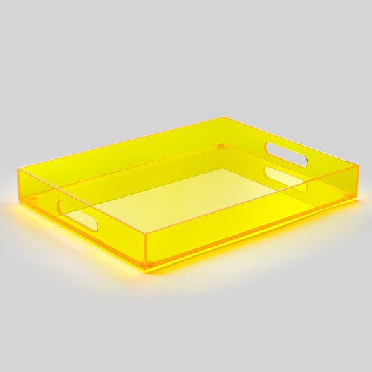 16"x12" Large Acrylic Serving Tray Decorative Ottoman Coffee Table Vanity Tray Tea Fruit Platter Snack Appetizer Dessert Drink with Handles for Bar Kitchen Party, Neon Yellow