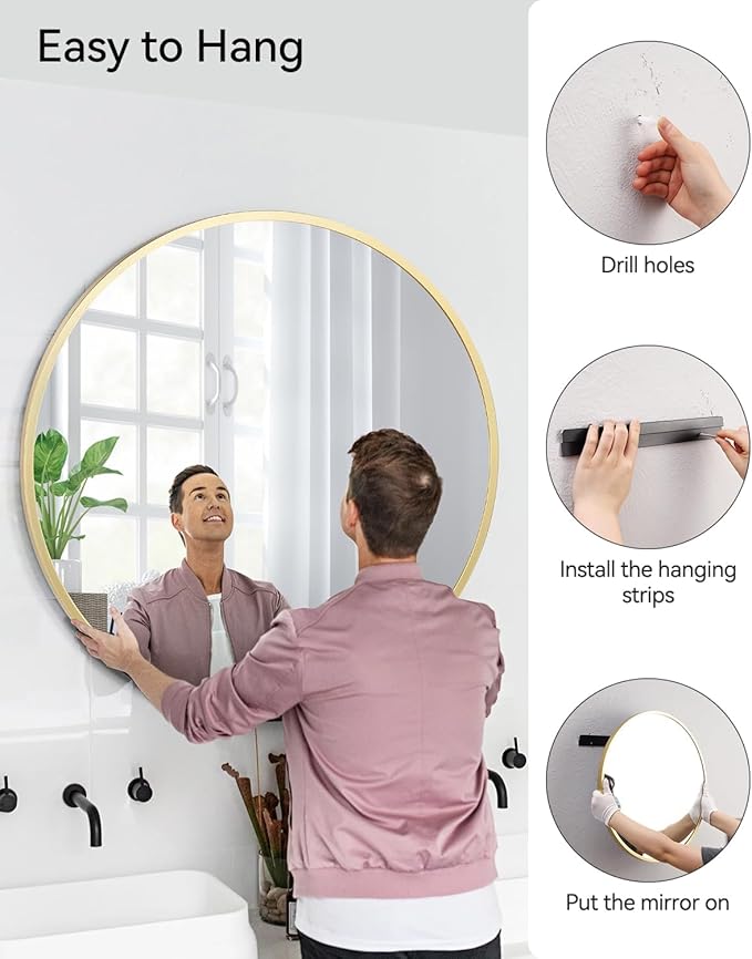 24 Inch Golden Circle Wall Mirror, Modern Round Metal Framed Mirror for Bathroom, Entryway, Living Room, Bedroom, Dining Room, Hallway, Decorative Home Décor, Easy Mount