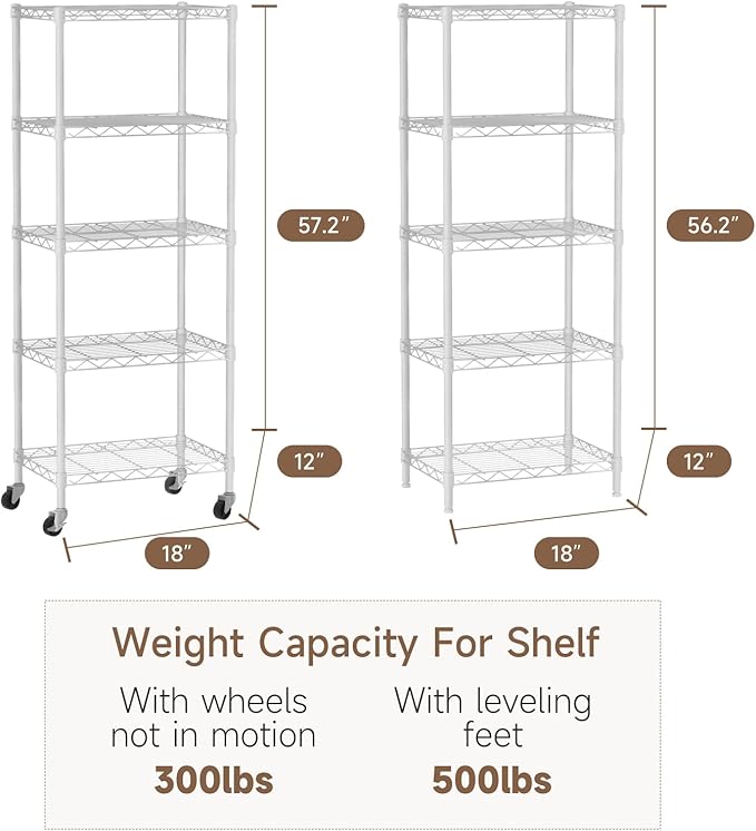 Small 5 Tier Shelves Storage Wire Shelving Unit Metal Shelf Adjustable Organizers Storage Shelving with Wheels for Bathroom Laundry Room Kitchen Pantry12”D x 18”W x 57.2”H White
