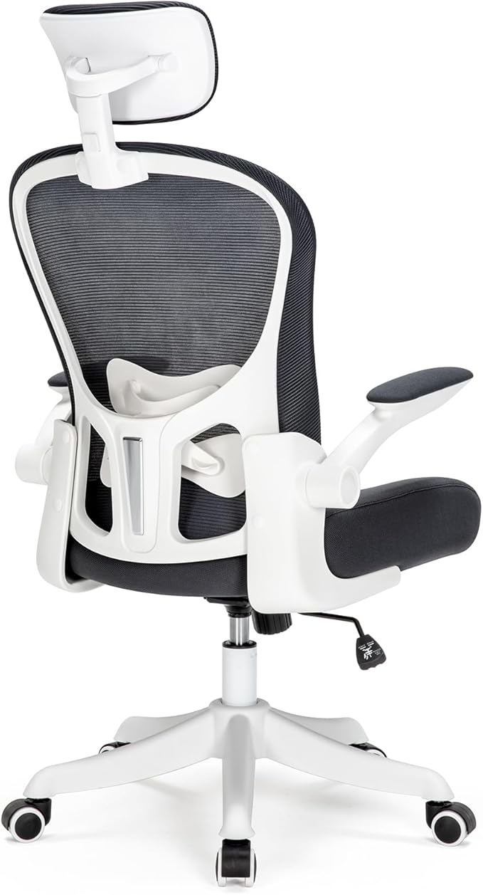 Mesh Office Chair with Adjustable Lumbar Support and Headrest, Ergonomic High Back Task Chair for Home Office, Flip-Up Arms 90-120° Tilt Lock Rolling Swivel Work Chairs (White-Black6065)