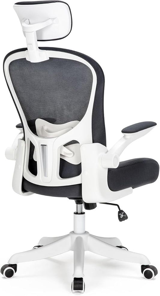 Mesh Office Chair with Adjustable Lumbar Support and Headrest, Ergonomic High Back Task Chair for Home Office, Flip-Up Arms 90-120° Tilt Lock Rolling Swivel Work Chairs (White-Black6065)