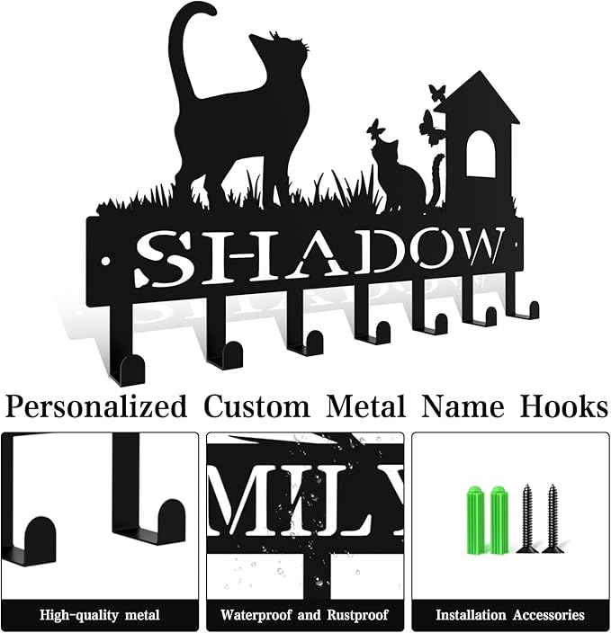 Custom Metal Key Rack Hooks, Personalized Key Holder for Wall, Cat, Cat House Theme Wall Decoration Key Hooks, Key Hanger Organizer for Living Room, Entryway, Pet House, Bedroom Decor