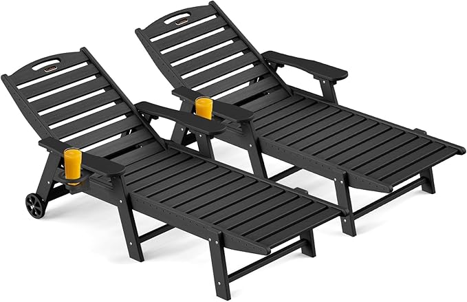 Outdoor Chaise Lounge Chair Set of 2, Patio Lounge Chairs for Outside, HDPE Lounge Chairs with Wheels & Cup Holder, Poly Lounge Chair with 5 Position for Poolside, Deck, Black