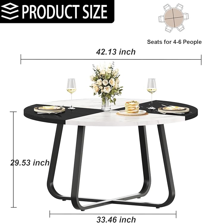LVB Round Marble Dining Table, Modern Wood Metal Kitchen Dining Table, Industrial Small Dinner Room Table for 4 to 6 People for Living Room, Home, Apartment,Black and White Marble, 42 Inch