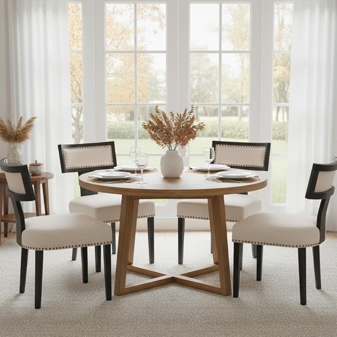 Mid Century Modern Dining Chairs Set of 4 Linen Fabric Upholstered Kitchen Side Chairs with Nailhead Trim, Modern Kitchen Armless Solid Wood Dining Chairs, Beige