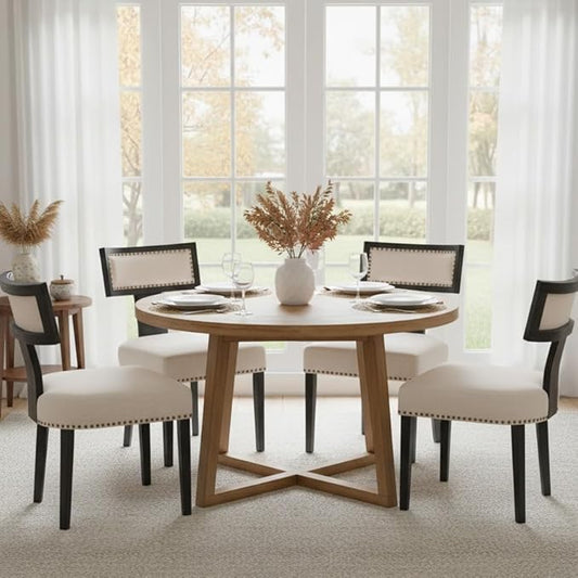 Mid Century Modern Dining Chairs Set of 4 Linen Fabric Upholstered Kitchen Side Chairs with Nailhead Trim, Modern Kitchen Armless Solid Wood Dining Chairs, Beige