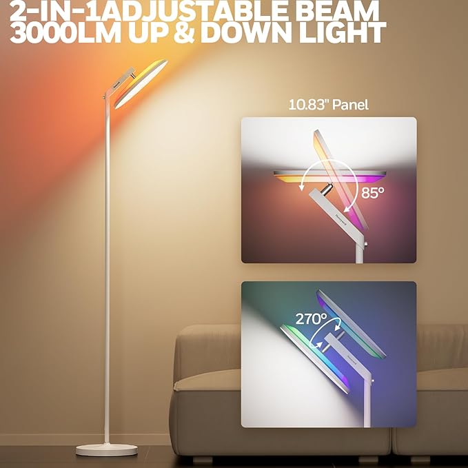 Honeywell 3000LM LED Floor Lamp, Torchiere Floor Lamps with Remote Control, F2 Sunturalux™ 40W Eye-Caring Reading Light, 2700-5000K 6 RGB Modes RGB Standing Lamp for Bedroom Living Room Office White