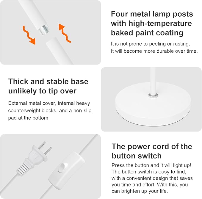 White Floor Lamp for Living Room Corners Bedroom Bedside Kids room dorm Library,9W LED tri Color Dimming, Gooseneck Adjustment, Iron Lampshade, Work Desk Lamp,Tall Standing Reading Light, home decor