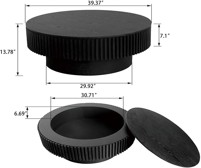 39'' Large Round Coffee Table with Storage, Fluted Coffee Table with Solid Wood Veneered, Mid Century Modern Wooden Center Table, Accent Tea Table for Living Room Apartment, Black