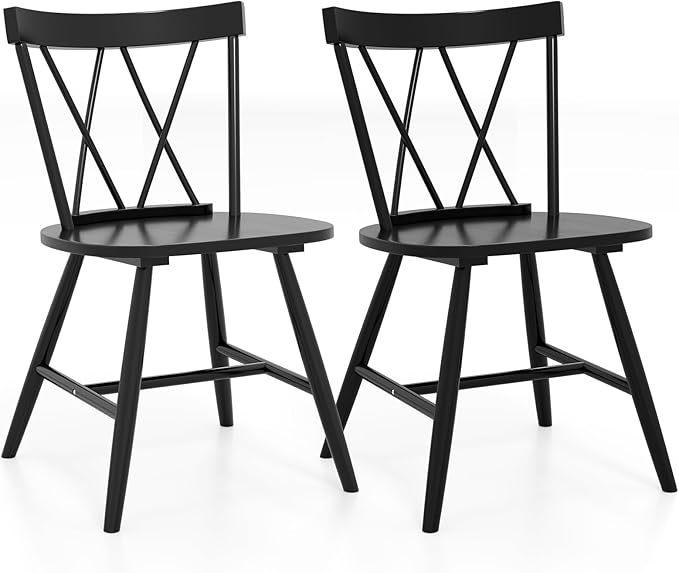 Giantex Windsor Dining Chairs Set of 2, Farmhouse Wooden Kitchen Chairs w/Cross Back, Wide Seat, Rubber Wood Frame, Armless Side Chairs for Kitchen, Dining Room, Living Room, Restaurant, Black